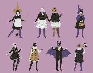 Fototapeta na wymiar Vintage characters in Halloween party costumes