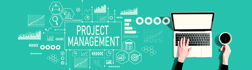 Project management theme with person using a laptop computer