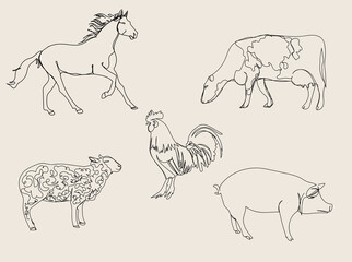 Set of farm animals in lineart. Silhouette of a horse, cow, sheep, rooster and pig as a vector illustration.