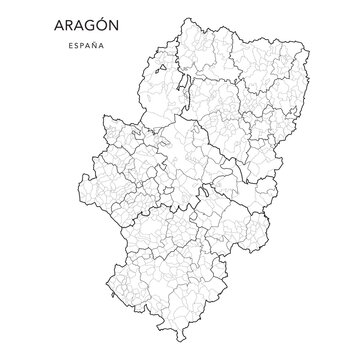 Geopolitical Vector Map of the Autonomous Community of Aragon (Arag&oacute;n) with Provinces, Judicial Areas, Comarques and Municipalities (Municipios) as of 2022 - Spain