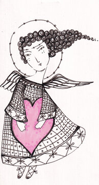 Angel with pink hart.  Graphically draw angel, with ink on watercolor flying shape. 