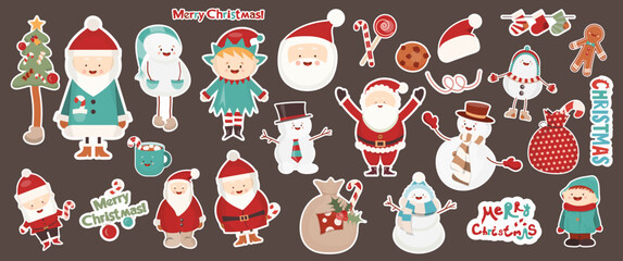 Christmas Stickers Set Kawaii Characters and Xmas Decorations. Vector Illustration