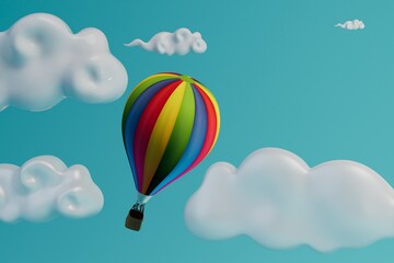 Fototapeta premium abstract background. balloon travel. multi-colored big hot air balloon flying among white clouds against a blue sky. 3d render. 3d illustration