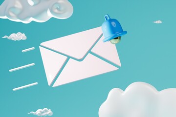 abstract background. new message uploaded to the cloud. online correspondence. new message notification. message with a blue bell on a blue background with white clouds. 3d render. 3d illustration