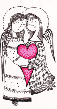 Angels with watercolor heart shape icon. Flying wings illustration graphic. Beautiful fairy. Love, positive emotion concept.