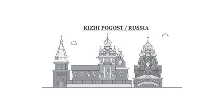 Russia, Kizhi Pogost city skyline isolated vector illustration, icons