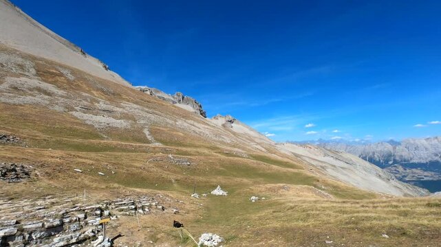 Panoramic mountain view col de Charnier Peaks valley in D&eacute;voluy Alps