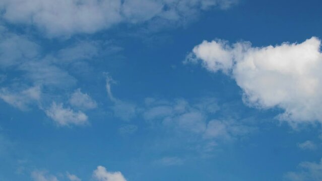 Feather-cumulus clouds form in the blue sky in the upper atmosphere. Concept of weather and natural phenomena. Timelapse Shot