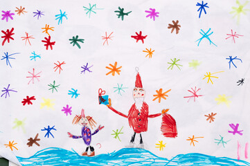 Festive art. Kids creativity. Christmas illustration. Colorful artistic work of happy Santa and little girl walking with presents under snowflakes.