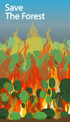Save the forest poster design with fire in the forest and escaping animals Natural disaster Vector illustration in flat cartoon style for poster, flyer, brochure, voucher design