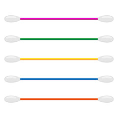 Cotton swab isolated on white background. Care and hygiene. Colorful ear and cosmetic buds. Wooden ear stick. Bath and makeup symbols.. Vector illustration
