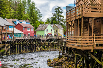 A view from a walkway towards the stilted buildings along the Creek in Ketchikan, Alaska in...