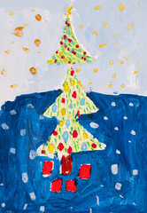 Christmas art. Kids creative work. Festive card. Colorful artistic work of decorated new year tree with presents under snowflakes.