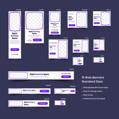 Web set of creative digital marketing banners of standard size with a place for photos. Business ad banner. Vertical, horizontal, and square template. social ad banner vector EPS file