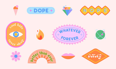 Vector set of cute fun patches and stickers in 90s style.Modern icons or symbols in y2k aesthetic with text.Trendy kidcore designs for banners,social media marketing,branding,packaging,covers