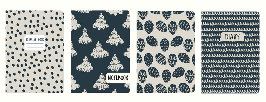 Set of cover page templates based on patterns with fir cones, polka dot, scribble, spruce, tree. Beige-colored pastel backgrounds for notebooks, notepads, diaries. Headers isolated, replaceable