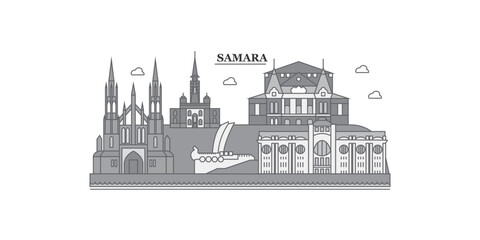 Russia, Samara city skyline isolated vector illustration, icons
