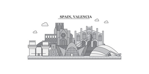 Spain, Valencia city skyline isolated vector illustration, icons