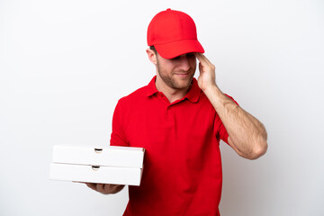 Pizza delivery caucasian man with work uniform picking up pizza boxes isolated on white background with headache