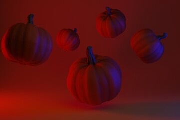 Levitation of many pumpkins on a red background. 3D render.