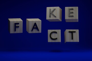 fact and fake concept. Words on wooden cubes on a blue background. 3D render.