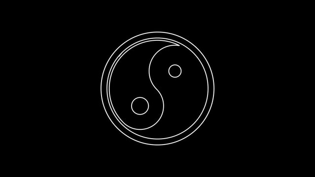 White line Yin Yang symbol of harmony and balance icon isolated on black background. 4K Video motion graphic animation