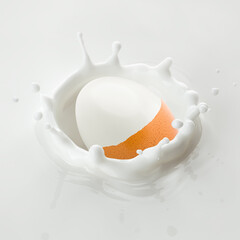 boiled Egg without shell falls into milk, yoghurt, sour cream, Splash