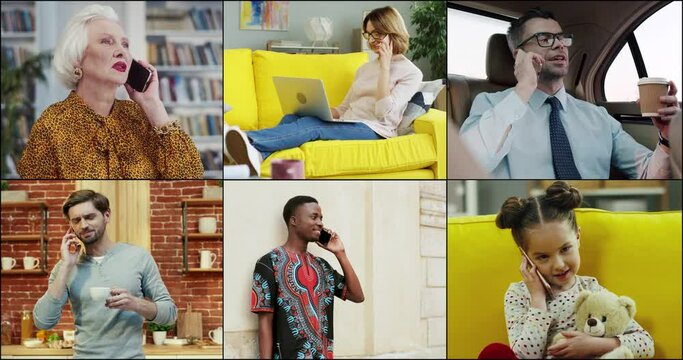 Multi screen on different mixed-race people speaking on cellphones. Old woman talking on smartphone indoor, little girl child calls at home. Young man outdoors. Businessman drink coffee in car