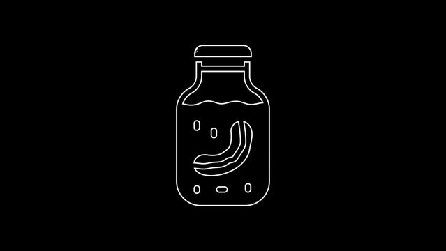 White line Sea cucumber in jar icon isolated on black background. Marine food. 4K Video motion graphic animation