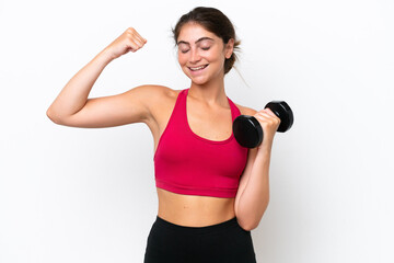 Fototapeta na wymiar Young sport caucasian woman making weightlifting isolated on white background doing strong gesture