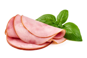 Sliced boiled ham isolated on white background.