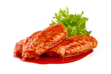 BBQ Chicken Wings with lettuce salad leaf, isolated on white background.