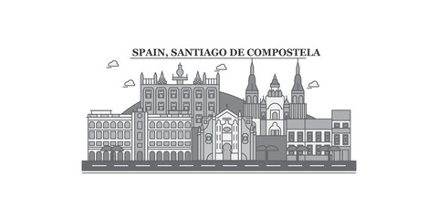 Spain, Santiago De Compostela city skyline isolated vector illustration, icons - obrazy, fototapety, plakaty