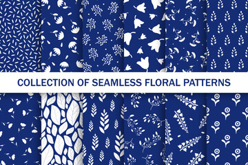 Set of colorful seamless blue floral patterns - hand drawn design. Repeatable spring nature elegant backgrounds with white branches and flowers. Textile endless prints. Vector illustration