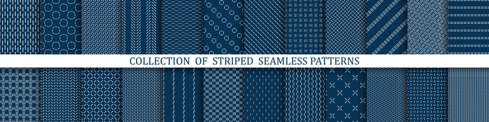 Collection of minimalistic seamless patterns. Blue textile endless prints. Repeatable unusual simple backgrounds - obrazy, fototapety, plakaty