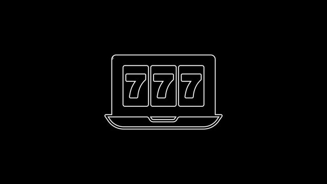 White line Online slot machine with lucky sevens jackpot icon isolated on black background. Online casino. 4K Video motion graphic animation