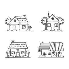 Set of vector houses, doodle, linear style, on a white background