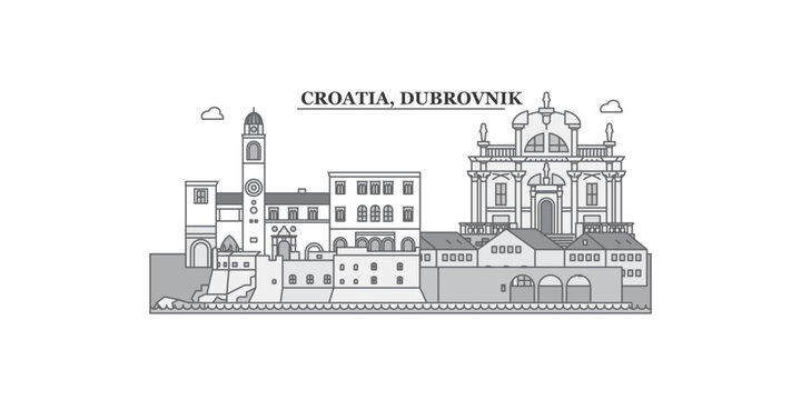 Croatia, Dubrovnik city skyline isolated vector illustration, icons