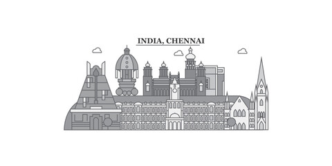 India, Chennai city skyline isolated vector illustration, icons - obrazy, fototapety, plakaty
