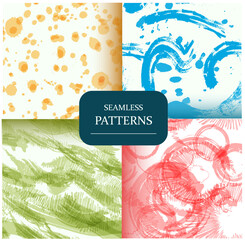 Fototapeta na wymiar Set of seamless patterns with watercolor dots and lines. Abstract decoration