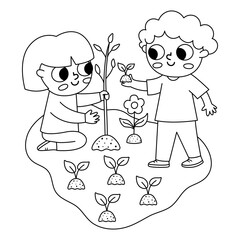 Black and white girl and boy planting tree. Cute line eco friendly kids. Child seeding plant. Earth day or healthy lifestyle concept or coloring page.