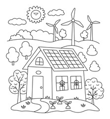 Vector black and white scene with eco house, wind turbines, solar panels. Environment friendly home line concept with trees. Ecological country illustration. Cute earth day landscape, coloring page.