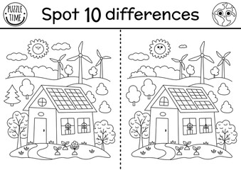 Find differences game. Ecological black and white educational activity with cute eco house, wind turbines. Earth day line puzzle for kids. Eco awareness or zero waste printable coloring page.