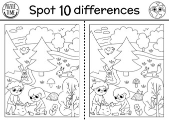 Find differences game. Ecological black and white educational activity with cute boy and girl collecting waste in the forest. Earth day line puzzle. Eco awareness, zero waste printable coloring page.