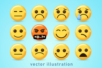 Smiley face icons or yellow emoticons with emotional funny faces in glossy 3D realistic isolated. Vector illustration