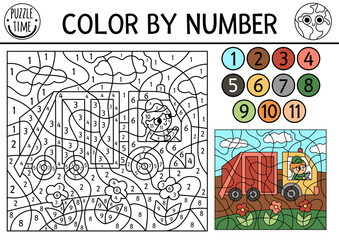 Vector ecological color by number activity with garbage truck. Eco awareness scene. Black and white counting game with zero waste concept. Earth day coloring page for kids.
