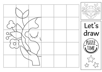 Complete the planet picture. Vector ecological symmetrical drawing practice worksheet. Printable black and white activity for preschool kids. Eco awareness or Earth day copy the picture.