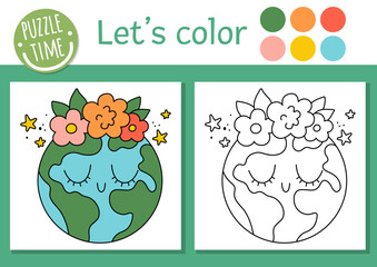 Ecological coloring page for children with planet. Vector eco awareness outline illustration with cute Earth. Color book for kids with colored example. Drawing skills printable worksheet.