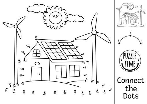 Vector dot-to-dot and color activity with cute eco house and wind turbines. Ecological connect the dots game for children. Eco awareness coloring page for kids. Printable worksheet with numbers.