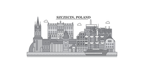 Poland, Szczecin city skyline isolated vector illustration, icons - obrazy, fototapety, plakaty